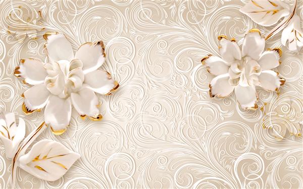 تصویر سه بعدی زمینه تزئینی بژ گلهای بزرگ طلاکاری شده انتزاعی سفید