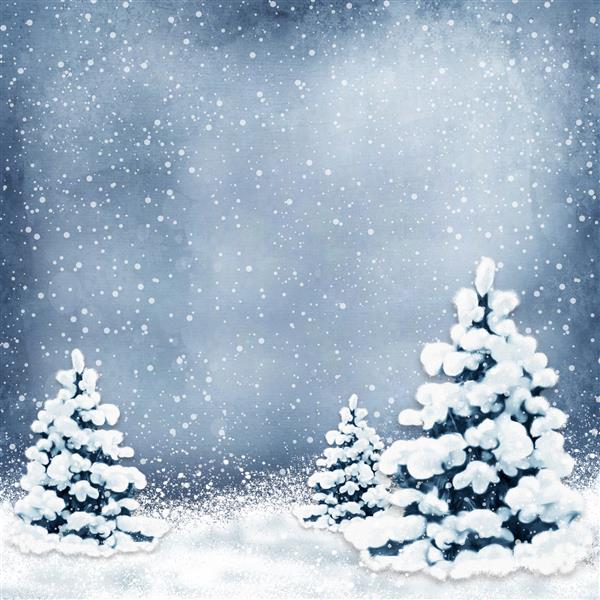 پس زمینه زمستانی با درختان کریسمس و برف