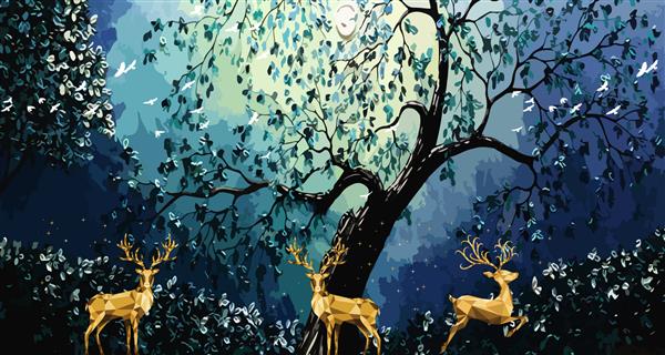 تصویر زمینه نقاشی دیواری سه بعدی هنر مدرن با پس زمینه آبی تیره گوزن طلایی درخت کریسمس سیاه با پرندگان سفید مناسب برای استفاده به عنوان قاب بر روی دیوارها