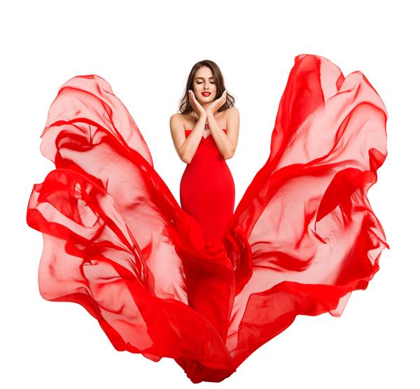 آرایش صورت و آرایش زن لباس قرمز پرواز بر روی باد مدل لباس