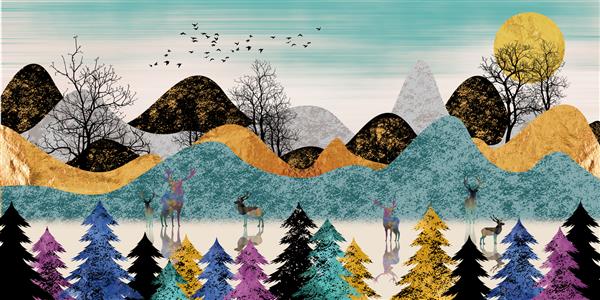 تصویر زمینه نقاشی دیواری سه بعدی هنر مدرن با جنگل آبی تیره پس زمینه جنگل گوزن طلایی درخت کریسمس سیاه کوه ماه با پرندگان سفید مناسب برای استفاده به عنوان قاب بر روی دیوارها
