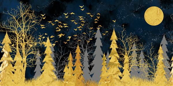 تصویر زمینه نقاشی دیواری سه بعدی هنر مدرن با جنگل آبی تیره پس زمینه جنگل گوزن طلایی درخت کریسمس سیاه کوه ماه با پرندگان سفید مناسب برای استفاده به عنوان قاب بر روی دیوارها