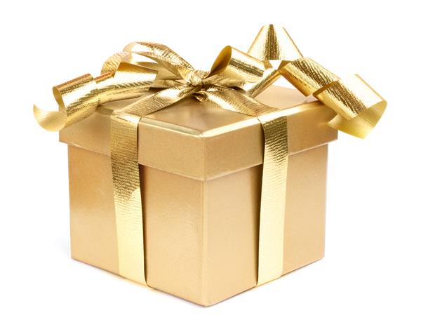 جعبه هدیه طلایی که با روبان جدا شده روی پس زمینه سفید تزئین شده است