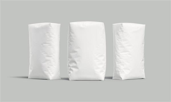 کیسه های سفید یا گونی هایی که روی پس زمینه روشن قرار دارند ماکت برای طراحی رندر سه بعدی
