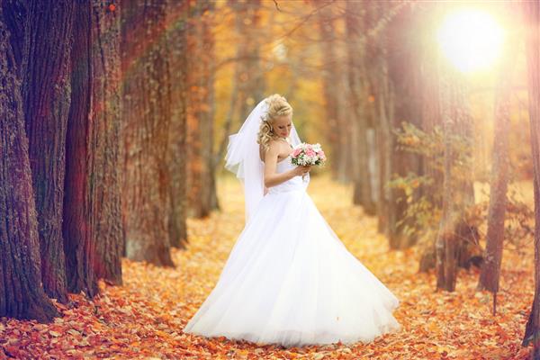عروس زیبا در پارک پاییز