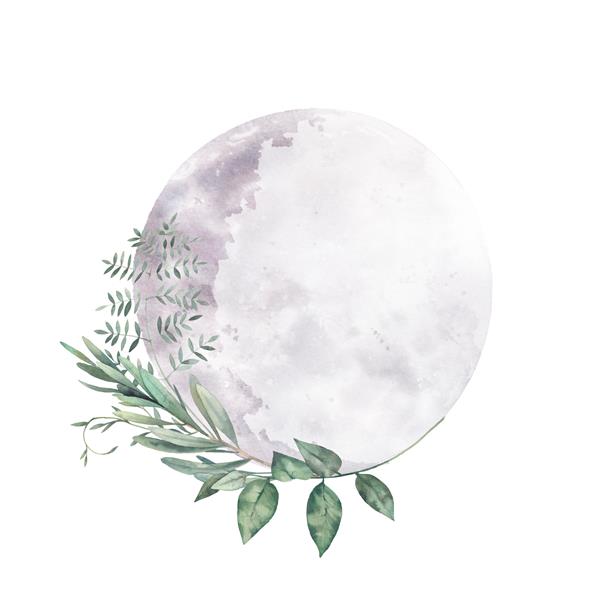 برچسب ماه آبرنگ و گل طراحی آرم منزوی با گیاهان و شبح ماه
