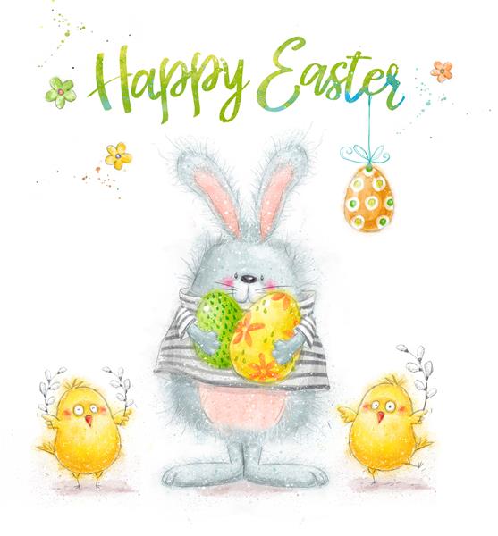 طرح کارت تبریک عید پاک مبارک خرگوش با تخم مرغ و با مرغ های زیبا گل
