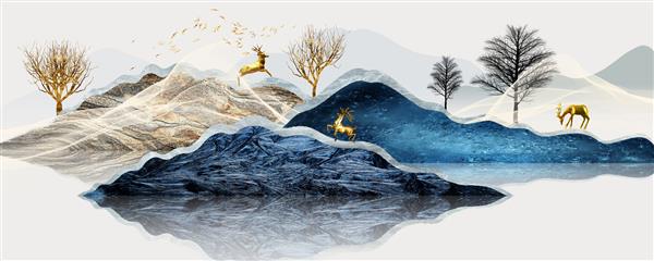 زمینه تزئینی هنر انتزاعی درخت زرد و آهو در کوه هنر نقاشی دیجیتال