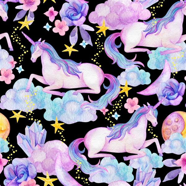 آبرنگ تک شاخهای زیبا بلورها گلها ماه در پس زمینه ستاره ای حیوان زیبا در رنگ های بنفش صورتی فضای فانتزی قمرها ابرها سنگهای قیمتی تصویر دستی افسانه ای طراحی شده برای طراحی مهد کودک