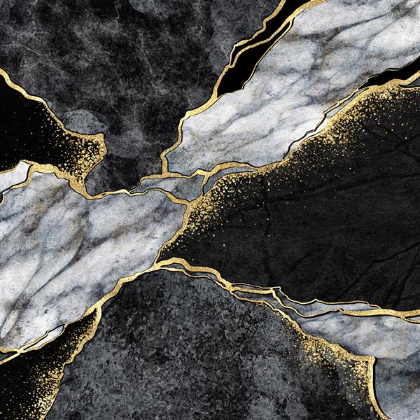 زمینه انتزاعی موزاییک مرمر سیاه و سفید با رگه های طلایی تکنیک ژاپنی بافت تزیین شده سنگ مصنوعی سطح مرمر تصویر مرمر سازی دیجیتال