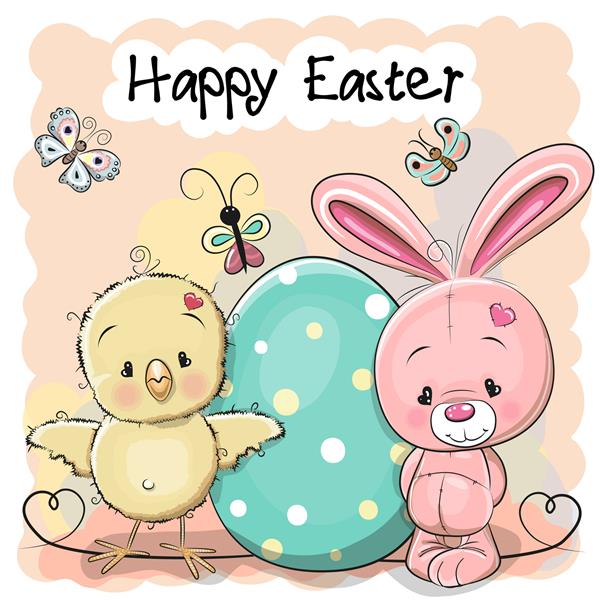 کارت تبریک عید پاک کارتون ناز خرگوش و مرغ با تخم مرغ