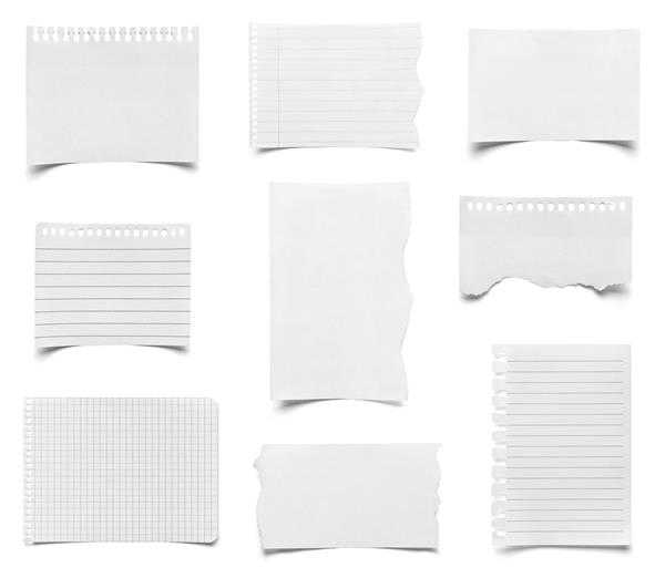 مجموعه ای از قطعات مختلف کاغذ یادداشت در زمینه سفید هر کدام جداگانه شلیک می شود