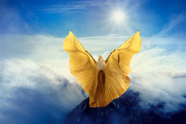 بال های پروانه زن که در ابرهای آسمانی پرواز می کنند دختری ایستاده در پرواز قله کوه آماده پرواز به خورشید