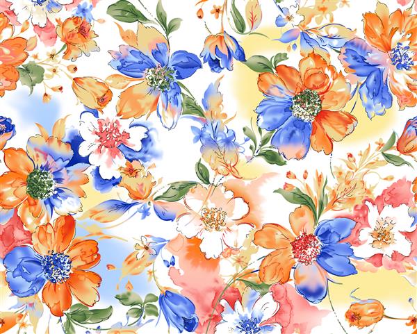 گل دیجیتال رنگارنگ انتزاعی یکپارچه با الگوی باغ دسته گل در پس زمینه سفید