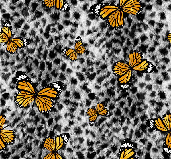 چکیده پروانه های رنگارنگ و لکه های جوهر آبرنگ الگوی تکرار شده با پوست حیوانات یوزپلنگ