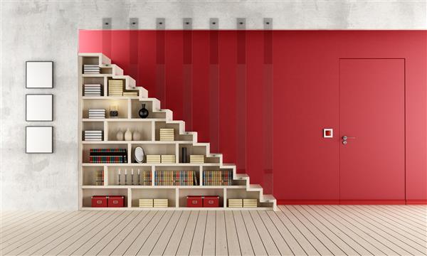 اتاق نشیمن با یک راه پله کتابخانه و درب هم تراز با دیوار - ارائه