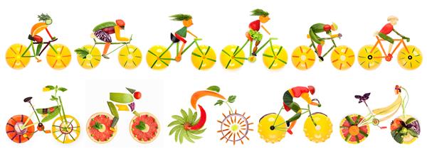 میوه ها و سبزیجات به شکل دوچرخه با دوچرخه سواران