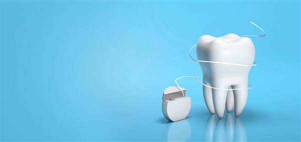 نخ دندان دندان های خود را با نخ دندان بکشید نخ دندان و دندان روی زمینه آبی فضای متن را کپی کنید رندر سه بعدی
