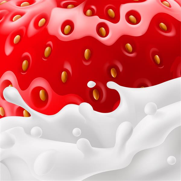 نسخه رستر زمینه غذایی توت فرنگی با پاشیده شیر در نمای نزدیک