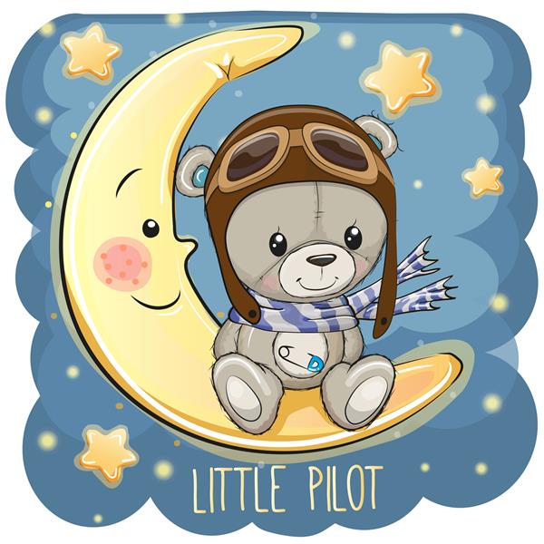 کارتونی زیبا و خرس عروسکی با کلاه خلبان روی ماه نشسته است
