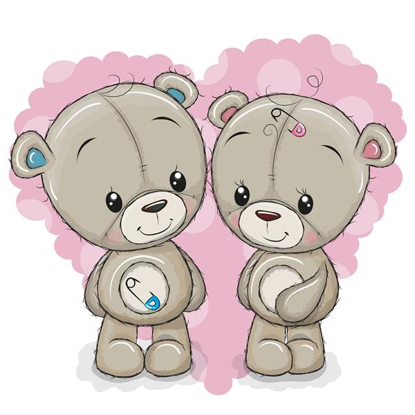 دو خرس کارتونی زیبا در پس زمینه قلب