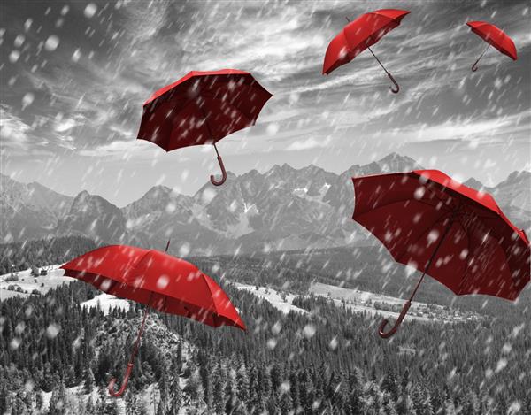 پرواز چترهای قرمز در کوه هنگام طوفان