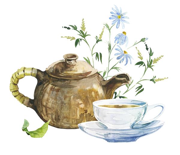 ست چای آبرنگ با قوری سفالی ست فنجان چای آبی و سفید و گیاهان بهداشتی