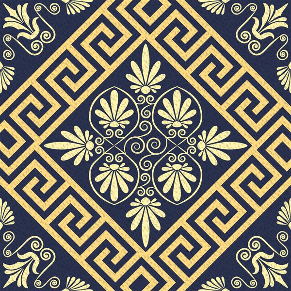 زیور آلات یونانی طلایی جذاب یکپارچه و الگوی گل در زمینه آبی