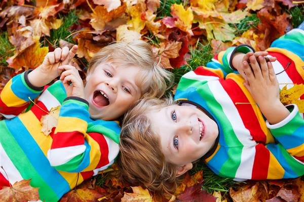 دو پسر دوقلوی کوچک که در لباسهای رنگارنگ در برگهای پاییز خوابیده اند خواهران و برادران مبارک در روز گرم در پارک پاییز سرگرم می شوند