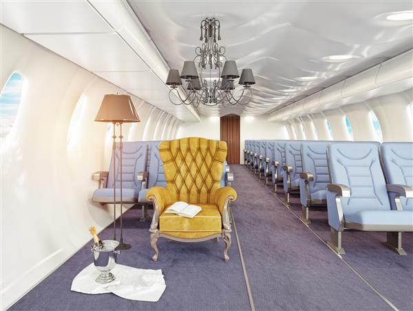 صندلی راحتی لوکس در کابین هواپیما مفهوم خلاقیت سه بعدی