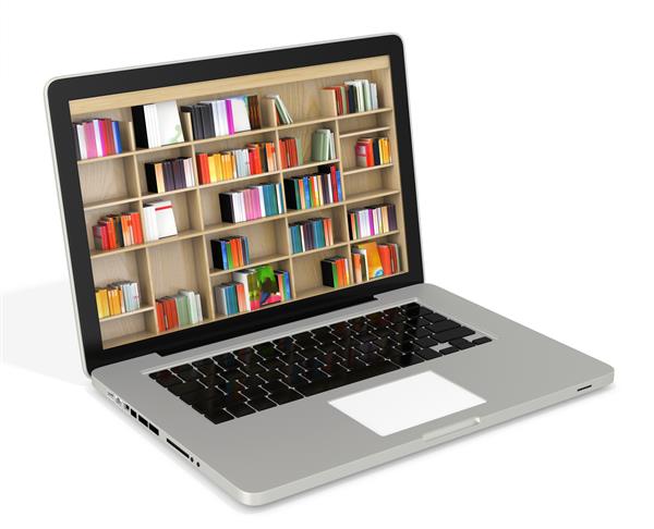 لپ تاپ سه بعدی با قفسه های کتاب کتابخانه اینترنتی دیجیتال