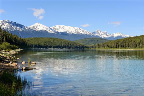 کوه های پوشیده از برف در دریاچه پاتریشیا جاسپر آلبرتا کانادا منعکس شده - میراث جهانی یونسکو