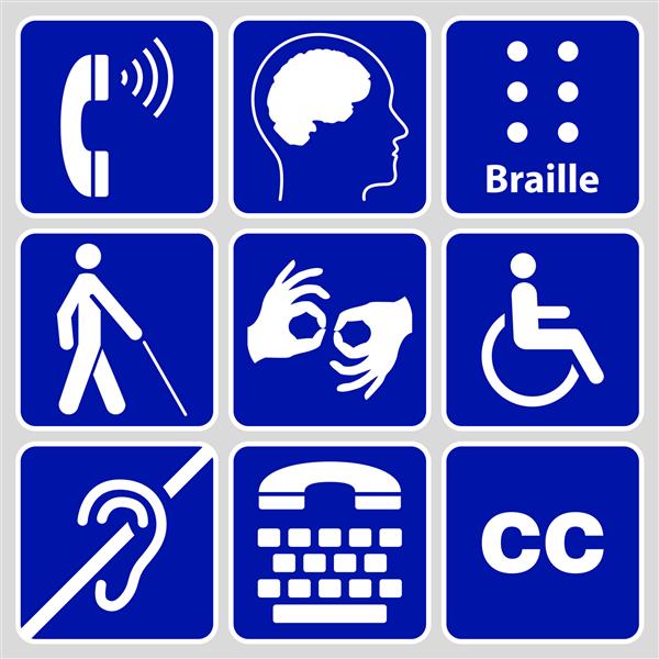 مجموعه علائم و نشانه های معلولیت آبی ممکن است برای تبلیغ دسترسی به مکان ها و فعالیت های دیگر برای افراد دارای معلولیت مختلف استفاده شود تصویر برداری