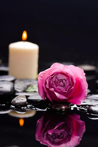 گل رز زیبا با شمع و سنگ های درمانی زمینه روز ولنتاین
