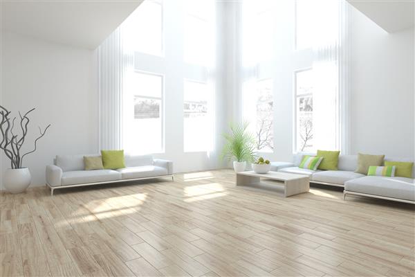 فضای داخلی مدرن و سفید با پنجره های پانوراما و مبل گوشه ای - ارائه سه بعدی
