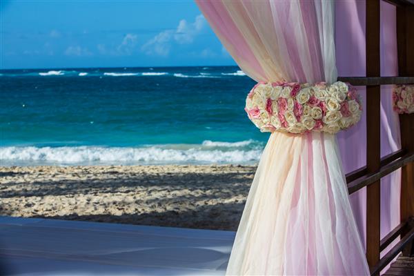 نمایی از گلهای زیبا در ساحل که قاب اقیانوس را برای یک عروسی