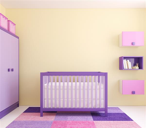 فضای داخلی مدرن مهد کودک با گهواره نزدیک دیوار زرد نمای جلو رندر سه بعدی