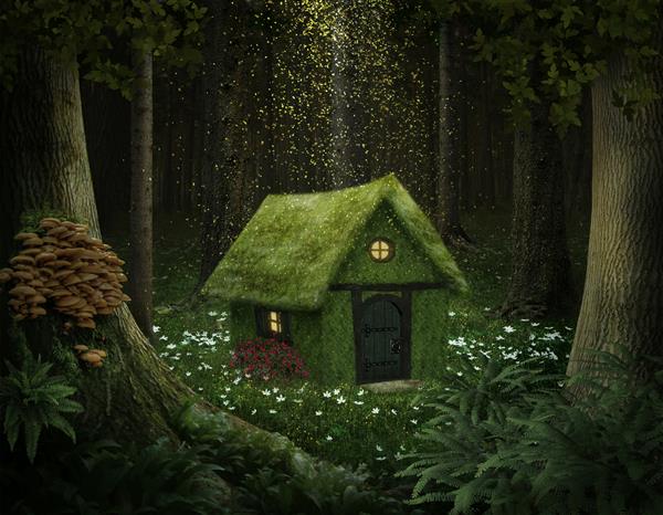 خانه کوچکی از خزه در یک جنگل مسحور شده