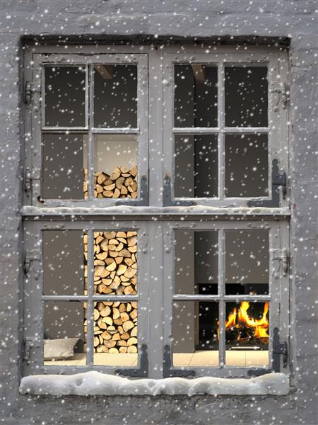 ارائه سه بعدی فضای داخلی گرم و نرم از پنجره ای قدیمی هنگام ریزش برف