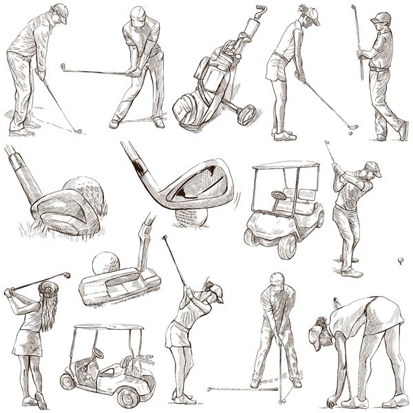 گلف بازان موقعیت های ضربه گلف و تجهیزات گلف مجموعه ای از تصاویر دستی کاملاً اصلی اصل بسته شماره 2 نقاشی هایی روی زمینه سفید