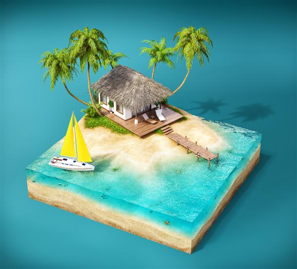قطعه ای از جزیره گرمسیری با آب کف دست و خانه های ییلاقی در ساحلی در سطح مقطع تصویر سفر غیرمعمول