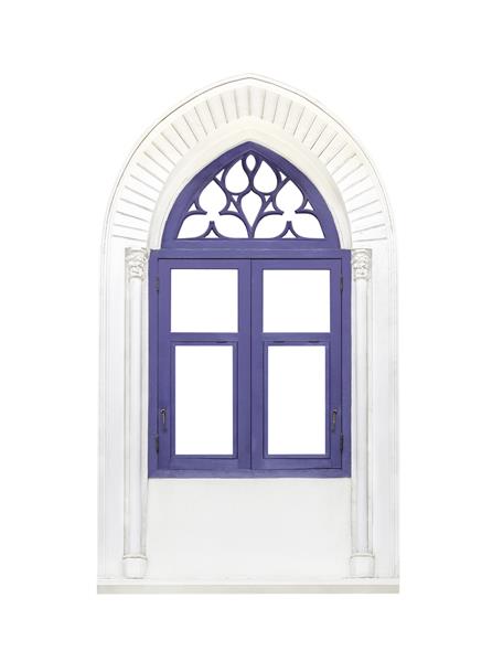قاب پنجره کلاسیک آبی رنگ جدا شده روی سفید با مسیر برش