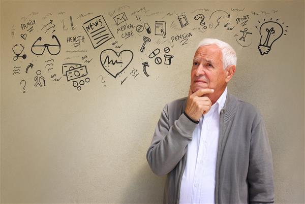 عکس پیرمردی که نگران مسائل پزشکی و بهداشتی است با مجموعه اینفوگرافیک ها