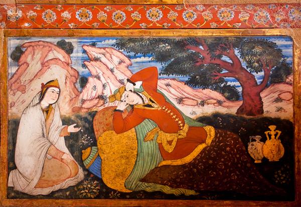 اصفهان ایران زوجی عاشق در باغ در نقاشی دیواری تاریخی کاخ چهل ستون