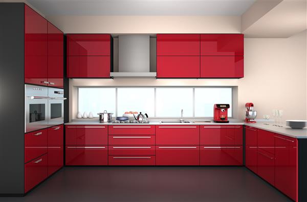 داخلی آشپزخانه مدرن در تم رنگ قرمز تصویر رندر سه بعدی