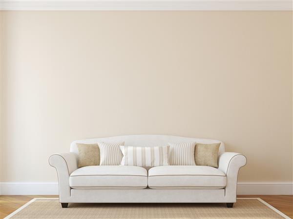 داخلی با کاناپه کلاسیک سفید نزدیک دیوار خالی بژ رندر سه بعدی