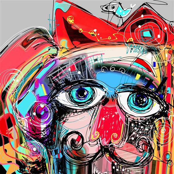 تصویر هنری انتزاعی نقاشی پرتره از سبیل گربه با یک پرنده بر روی سر تصویر نسخه رستر doodle