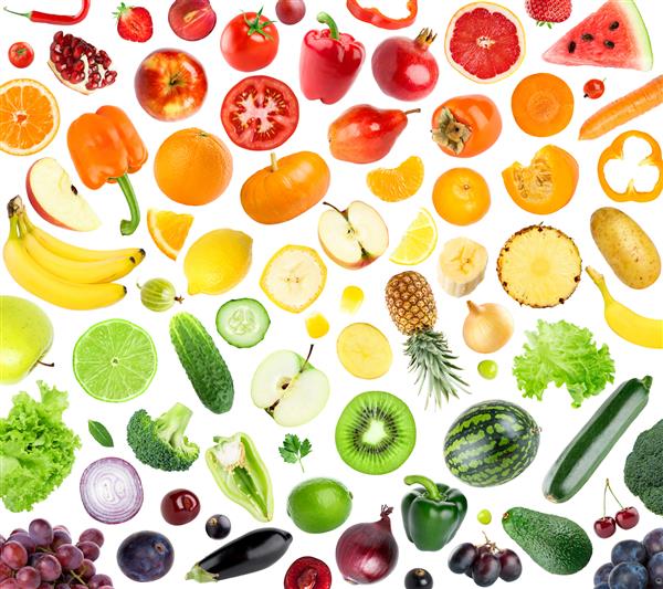 مجموعه ای از میوه ها و سبزیجات در پس زمینه سفید مواد غذایی تازه
