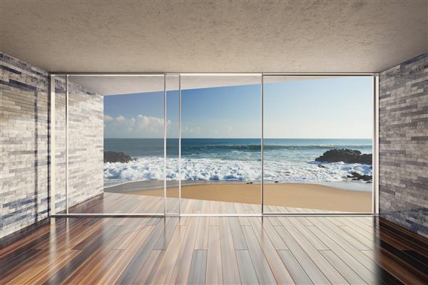 فضای سالن مدرن خالی با پنجره بزرگ خلیج و چشم انداز دریا