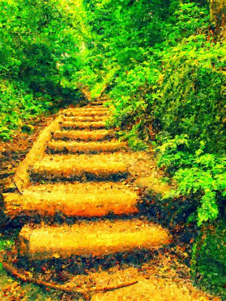 رنگ آبرنگ پله های چوبی قدیمی در باغ جنگلی بزرگ مسیر پیاده روی توریست ها
